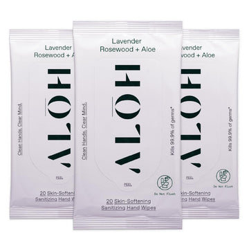 Aloh Lavender Rosewood + Aloe Sanitizing Hand Wipes - Clean Hands, Clear Minds - On The Go Sanitizing Hand Wipes For Kids And Adults - Travel Size 3 Pack, 20Ct Wipes (60 Wipes)