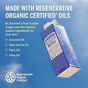 Dr. Bronner'S Pure-Castile Liquid Soap Bottle & Refill Carton - Made With Regenerative Organic Certified Oils, 82% Less Plastic-18-In-1 Uses For Face, Body Wash, Hand Soap Refill- Peppermint, 32Oz