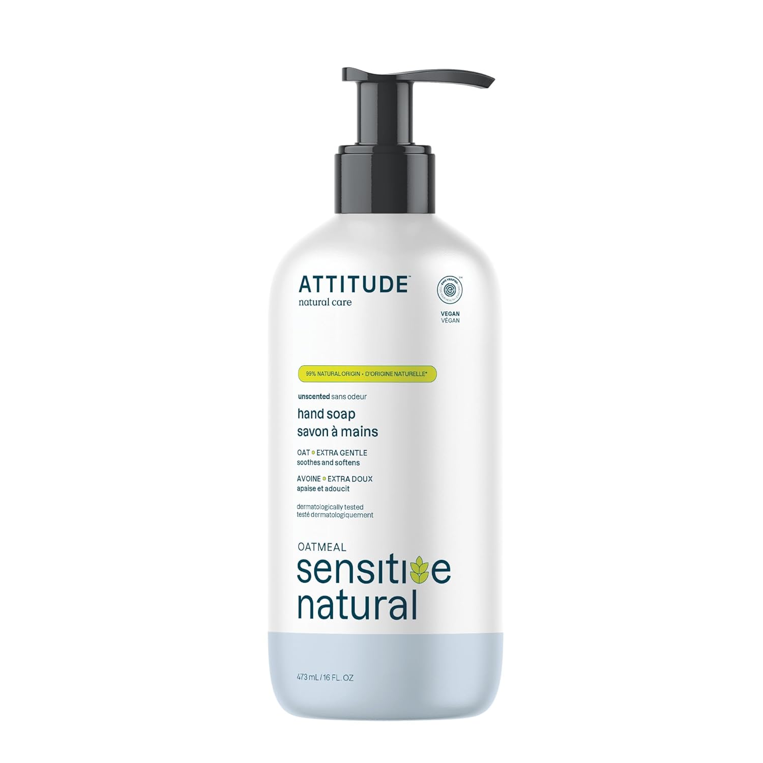 Attitude Hand Soap For Sensitive Skin Enriched With Oat, Ewg Verified, Dermatologically Tested, Vegan, Extra Gentle, Unscented, 16 Fl Oz