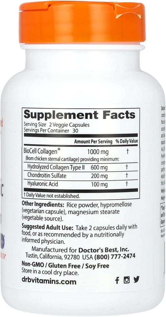 Doctors Best Hyaluronic Acid+ Chondroitin Sulfate, Supports Joint & Skin Health, Non-Gmo, Gluten Free, Soy Free 60 Veggie Capsules