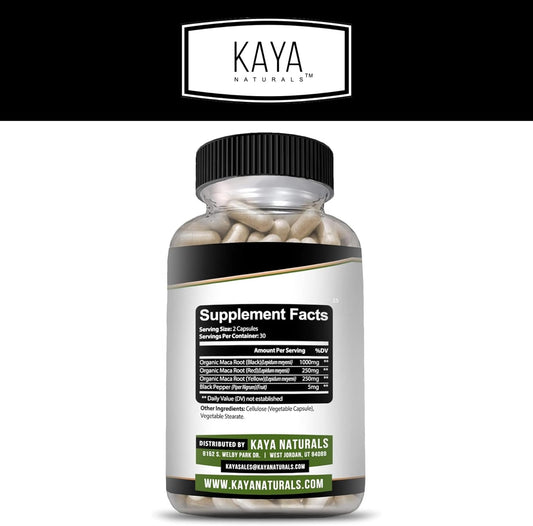 Kaya Naturals Maca Plus (60 Capsules) | Organic Maca Root Capsules For Women And Men | Black Pepper With Red, Yellow, And Black Maca Root Powder | Natural Energy Supplement And Herbal Supplement