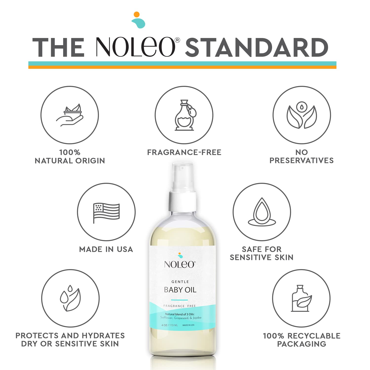 NOLEO Gentle Baby Oil - Calming Baby Oil for Newborn w/Grapeseed, Safflower & Jojoba Baby Skin Care Natural Oils - Baby Oil Organic for Sensitive Skin, No Fragrance & No Perfumes - 4 oz : Baby