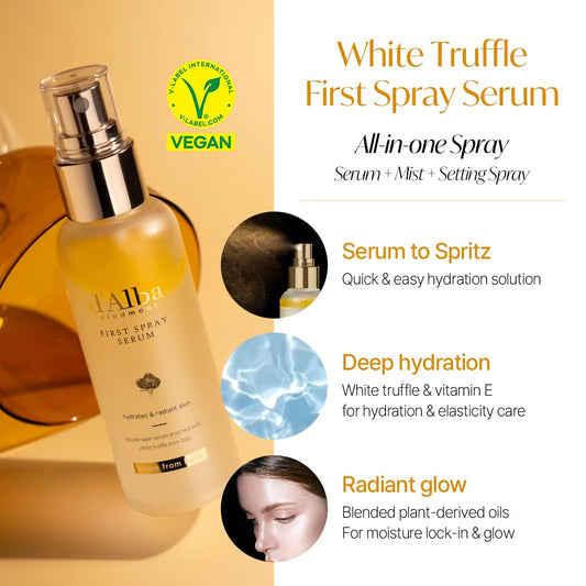 D'Alba Travel Essencial Gift Set, White Truffle First Spray Serum Full Size & Travel Size With Yellow Pouch, Korean Skin Care