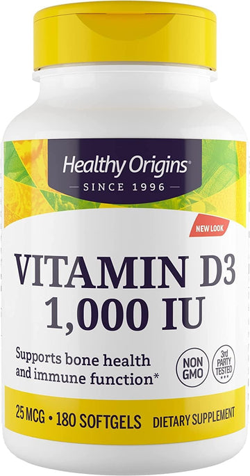 Healthy Origins Vitamin D3 (Lanolin) 1,000 IU Softgel - Bone Health and Immune Support Supplement - Easily Absorbable Vitamin D Supplements - Gluten-Free Vitamin D3 Supplement - 180 Softgels