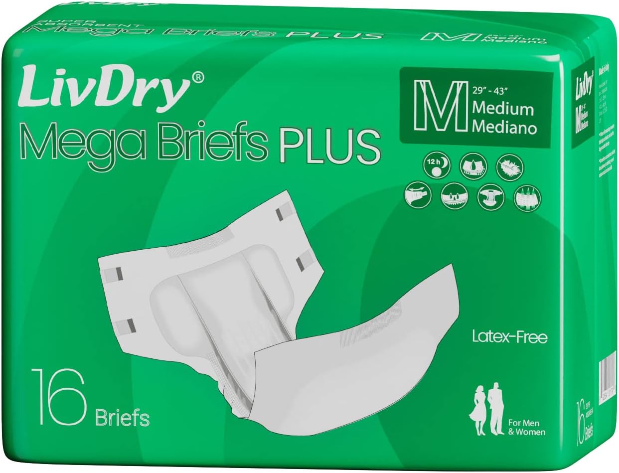 LivDry MegaBriefs Adult Diapers with Tabs, Max 12-Hour Capacity, Super Absorbent Incontinence Underwear, Leak Protection Briefs, Medium, 16-Pack