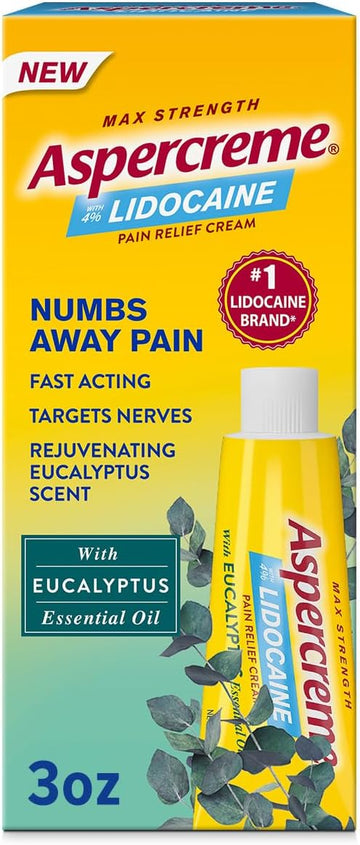 Aspercreme Essential Oils Lidocaine Pain Relief Cream, Max-Strength Lidocaine Numbs Away Nerve Pain, Moisturizing Aloe Hydrates Skin, Eucalyptus, 3 Oz