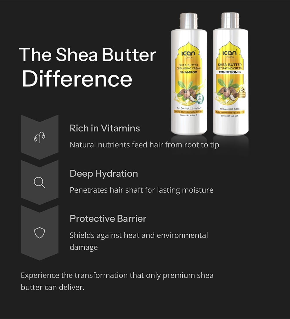 Ican London Shea Butter Sulfate Free Cleansing Cream Shampoo + Sulfate Free Hydrating Cream Conditioner Duo Pack 500Ml Each