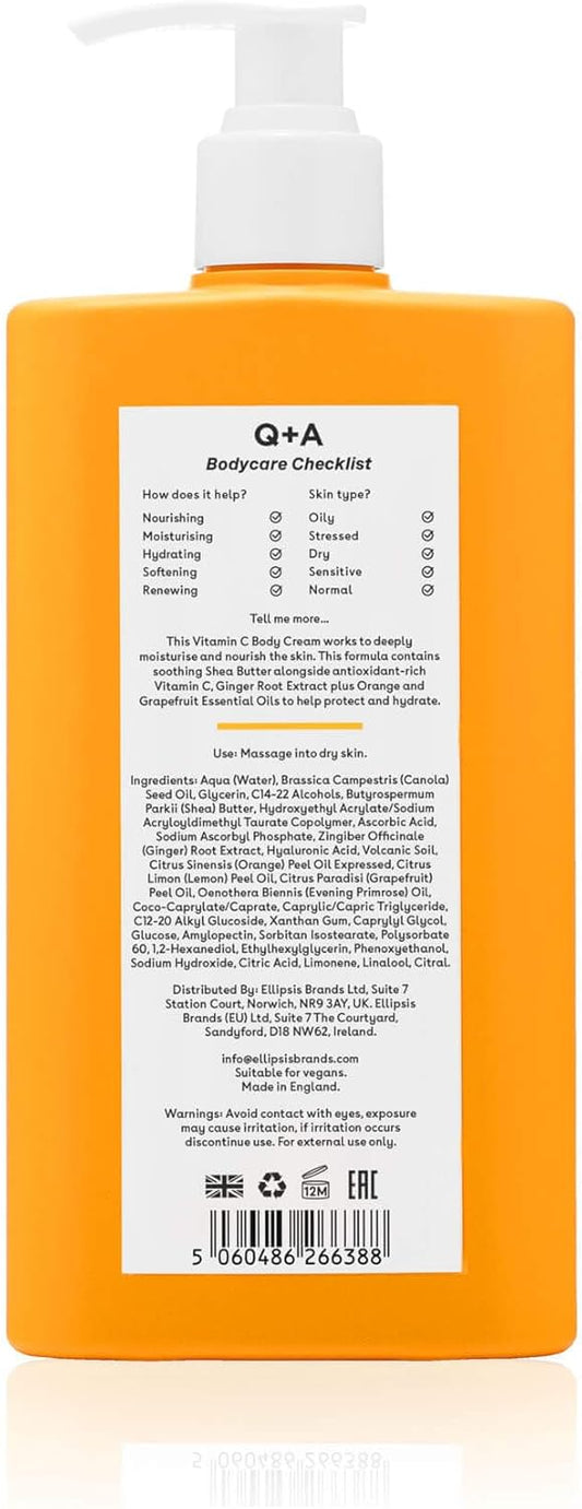 Q+A Vitamin C Body Cream (250Ml), Hydrating And Brightening Body Moisturiser For Dry Skin With Shea Butter And Ginger Root Extract, Evens Skin Tone And Boosts Radiance, Natural Skincare