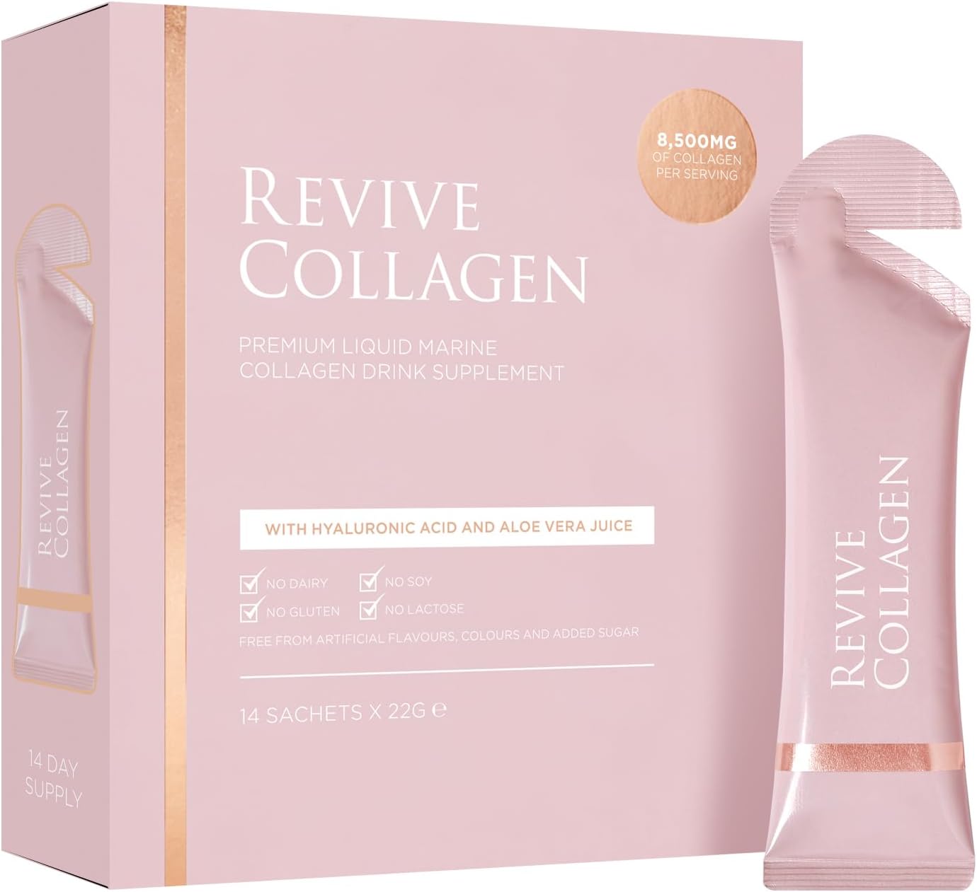 Revive Collagen Premium 8,500Mg Hydrolysed Marine Collagen Drink With Added Hyaluronic Acid & Aloe Vera For Healthy Skin, Hair, Nails & Joints | Lemon & Lime | 14 X Sachets (Eco Pack)