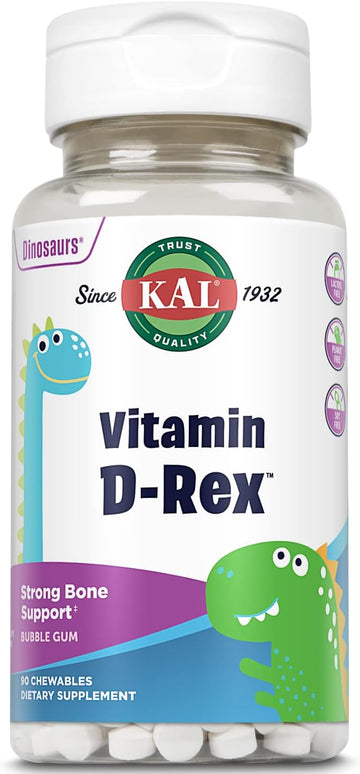 Kal Vitamin D-Rex Chewable, Childrens Vitamins 400 Iu D-3, Bubble Gum Flavor, Strong Bone & Immune Support, Lactose/Peanut/Soy Free, 60-Day Guarantee, 90 Servings, 90 Dinosaur Shape Chewables