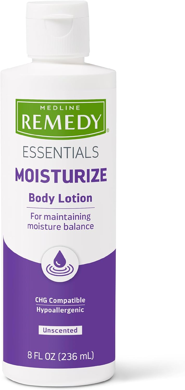 Medline Remedy Essential Moisturizing Body Lotion (8 oz Bottle), 36 Count, Unscented, Hydrating, Soothing For Dry Skin, Smooths & Softens, Non-Greasy, Hypoallergenic, Men, Women, Elderly
