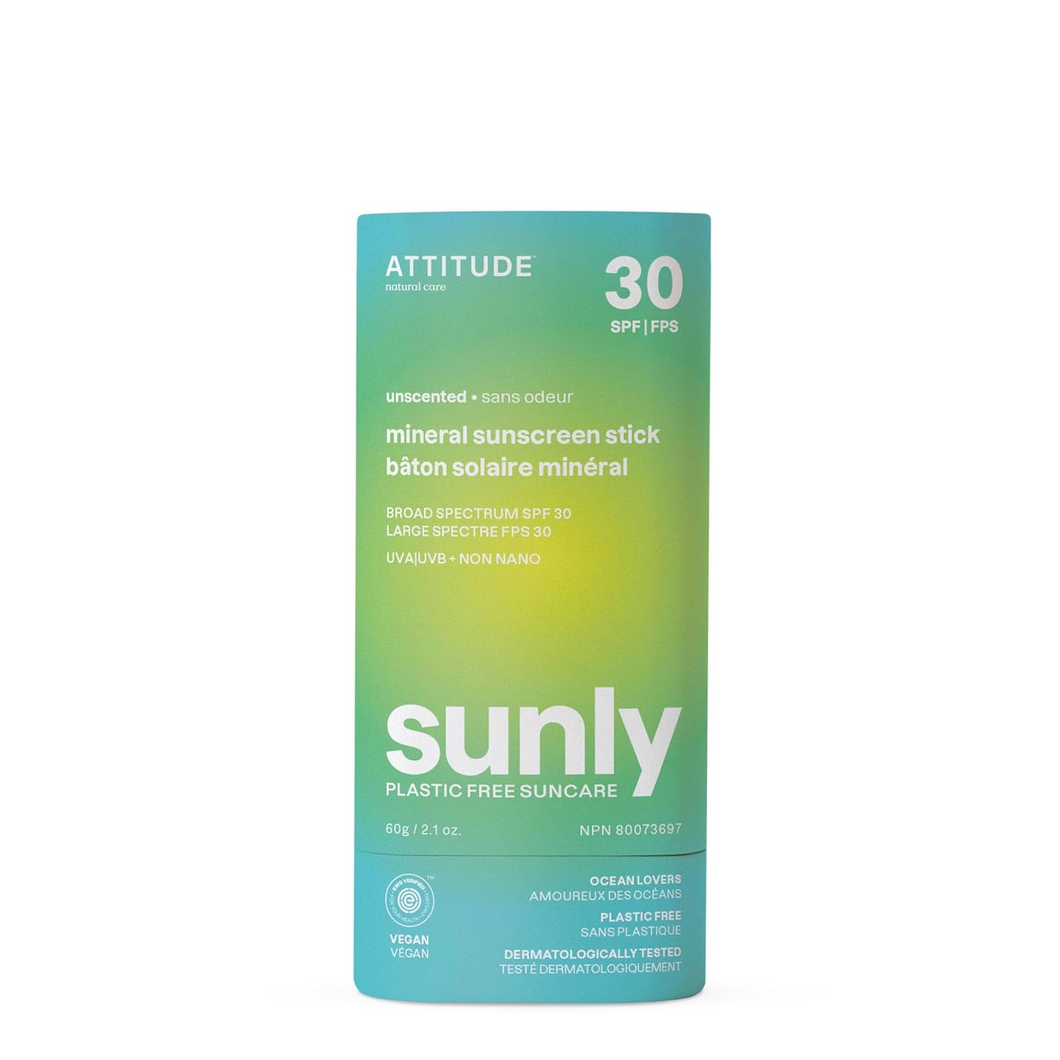 ATTITUDE Mineral Sunscreen Stick with Zinc Oxide, SPF 30, EWG Verified, Plastic-Free, Broad Spectrum UVA/UVB Protection, Dermatologically Tested, Vegan, Unscented, 2.1 Ounces