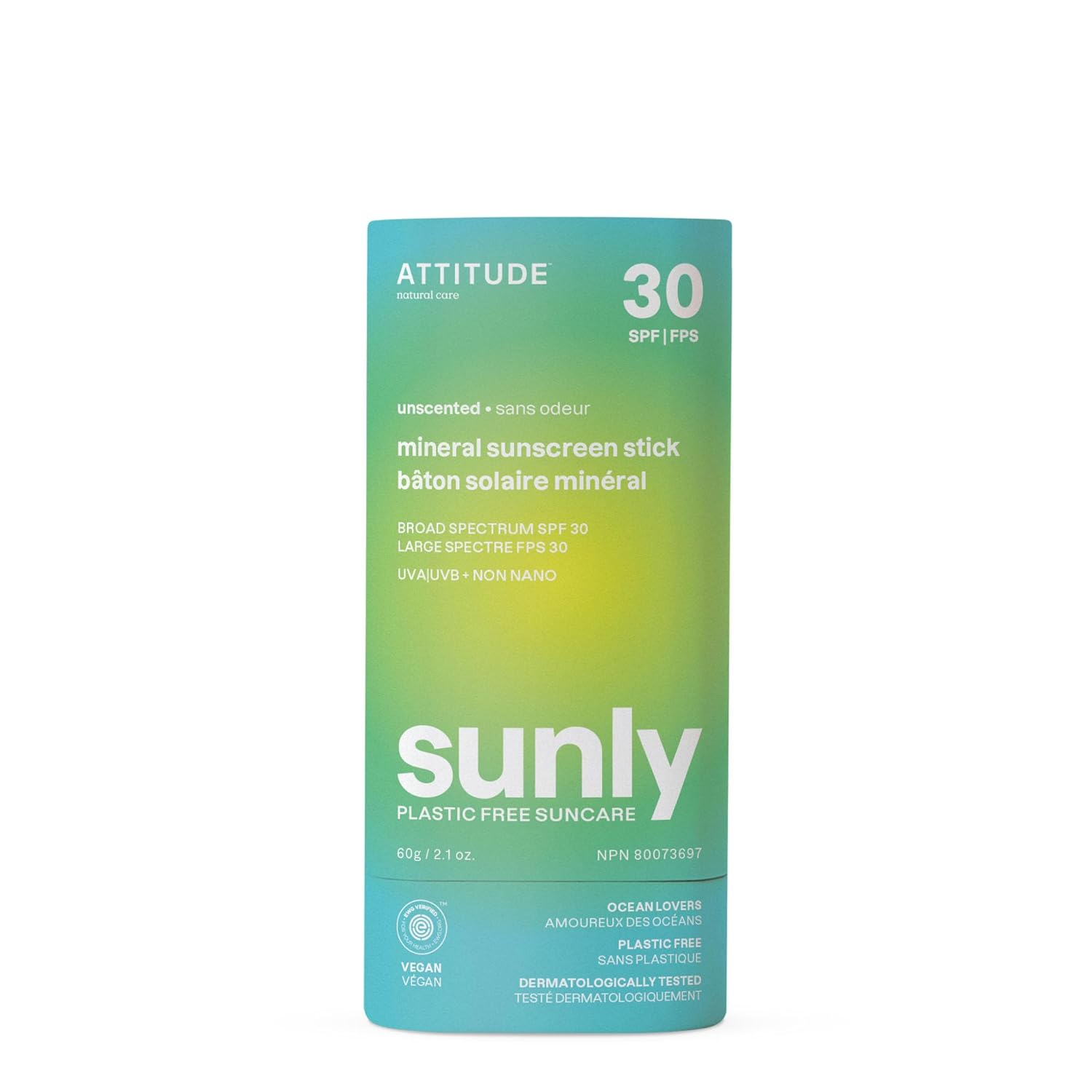 Attitude Mineral Sunscreen Stick With Zinc Oxide, Spf 30, Ewg Verified, Plastic-Free, Broad Spectrum Uva/Uvb Protection, Dermatologically Tested, Vegan, Unscented, 2.1 Ounces