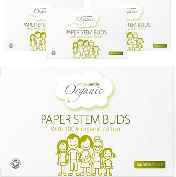 Simply Gentle Organic, Cotton Buds - 100% Organic Cotton & Fsc Paper Stems - For Cleaning Delicate Areas Around Eyes & Outer Ears - Eco Friendly & Biodegradable - 200 Buds X 4 Packs