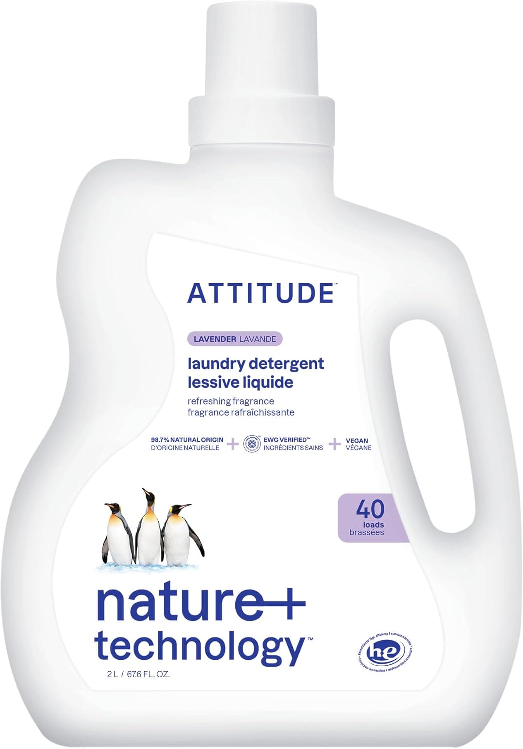 Attitude Liquid Laundry Detergent, Ewg Verified Laundry Soap, He Compatible, Vegan And Plant Based Products, Cruelty-Free, Lavender, 40 Loads, 67.6 Fl Oz