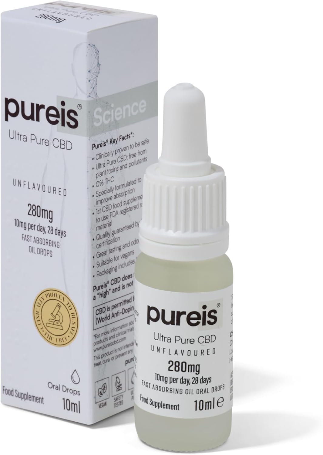 Pureis Cbd Oil, Ultra Pure, Fast Absorbing - Unflavoured Oral Drops Cbd Supplement - 280 Mg = 10 Mg Of Cbd Per Use - 0% Thc, Non-Addictive, Vegan, Gluten-Free - 10 Ml