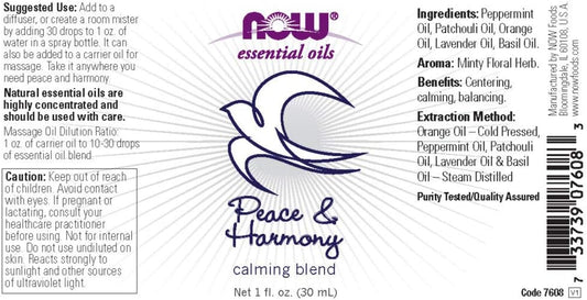 Now Essential Oils, Peace & Harmony Oil Blend, Calming Aromatherapy Scent, Blend Of Pure Essential Oils, Vegan, Child Resistant Cap, 1-Ounce