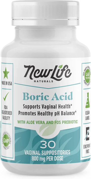 Newlife Naturals Boric Acid Vaginal Suppositories With Aloe Vera & Fos Prebiotic | Women'S Ph Balance Pills For Bv, Itch Relief, And Odor Control | Feminine Care Essential | Made In Usa - 30 Capsules