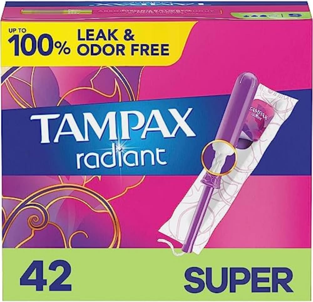 Tampax Radiant Tampons Super Absorbency With Bpa-Free Plastic Applicator And Leakguard Braid, Unscented, 42 Count