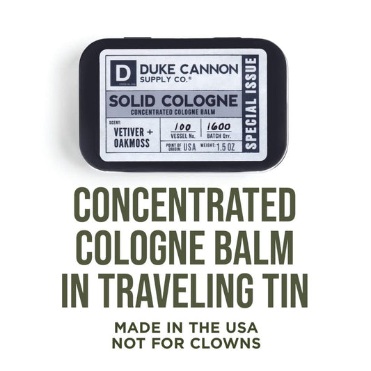 Duke Cannon Supply Co. Solid Cologne For Men Special Issue Vetiver + Oakmoss (Fresh Air, Sandalwood) - Concentrated Balm, Travel-Friendly Tin, Made With Natural & Organic Ingredients 1.5 Oz (1 Unit)