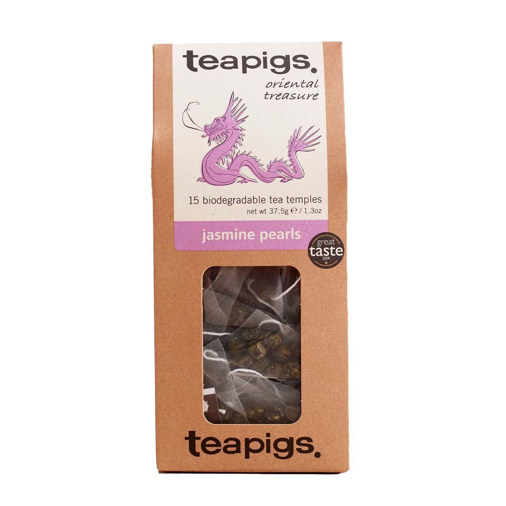 Teapigs Jasmine Pearls Green Tea Bags, 15 Count, Rolled Pearls Of Green Tea & Whole Jasmine Flowers, Biodegradable Tea Bag