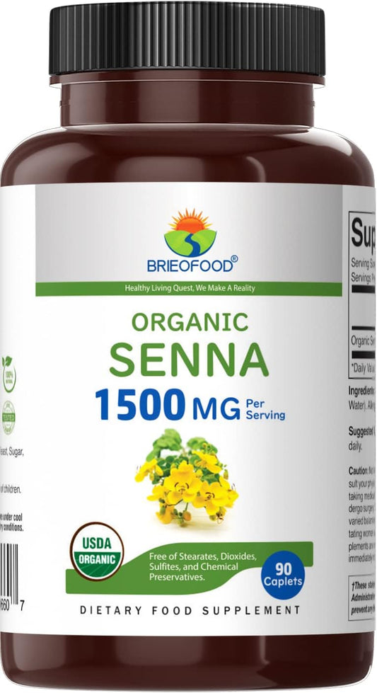 Brieofood Organic Senna 1500Mg, 45 Servings, Vegetarian, Gluten Free, 90 Vegetarian Tablets