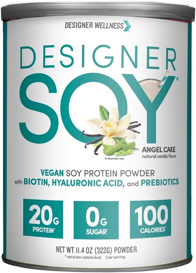 Designer Wellness, Soy Isolate Protein Powder with Biotin, Hyaluronic Acid and Prebiotics, Vegan, Zero Sugar, Non-GMO, Angel Cake Natural Vanilla Flavor, 11.4 Ounces