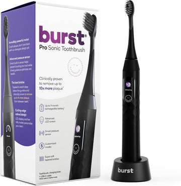 Burst Pro Sonic Electric Toothbrush for Adults - Soft Bristle Toothbrush for Deep Clean & Plaque Removal - Up to 9 Month Battery, Smart Pressure Sensor, 5 Sonic Toothbrush Modes - Black