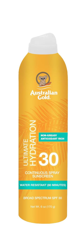 Australian Gold Continuous Spray Sunscreen Spf 30, 6 Ounce Dries Fast Broad Spectrum Water Resistant Non-Greasy Oxybenzone Free Cruelty Free