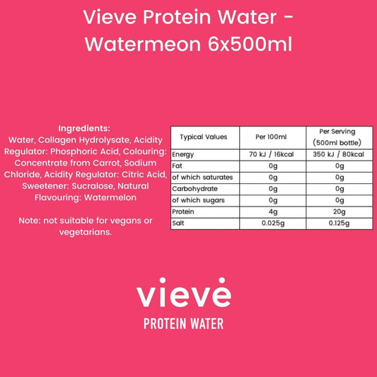 Vieve Protein Water 6X500 Ml - Watermelon | 20G Protein, Sugar Free, Fat Free & Dairy Free | A Ready To Drink Alternative To Protein Powders & Shakes | 6 Pack