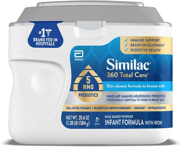 Similac 360 Total Care Infant Formula with 5 HMO Prebiotics, Our Closest Formula to Breast Milk, Non-GMO, Baby Formula Powder, 20.6-oz Tub