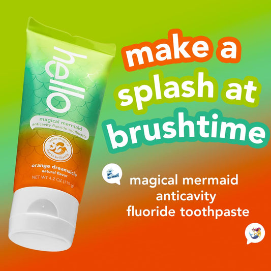 hello Mermaid Orange Dreamsicle Kids Fluoride Toothpaste, Natural Flavor, Ages 2+, No Artificial Sweeteners, No SLS, Gluten Free, Vegan, 4.2 oz Tubes (Pack of 3)