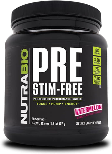 NutraBio PRE Stim Free - Caffeine Free Pre Workout Powder - Sustained Energy, Mental Focus, Endurance - Clinically Dosed Formula - Beta Alanine, Creatinine - Watermelon