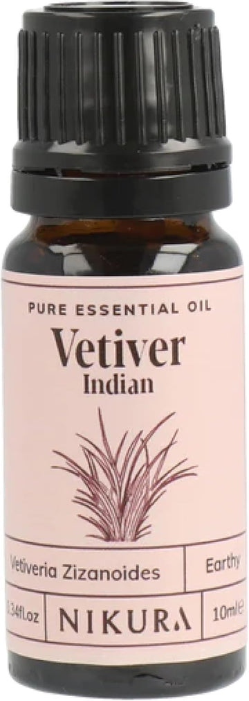 Nikura Vetiver (Indian) Essential Oil - 10ml | 100% Pure Natural Oils | Perfect for Study Focus, Perfume Base, Insect Repellent | Great for Self Care, Diffusers, Aromatherapy | Vegan & UK Made