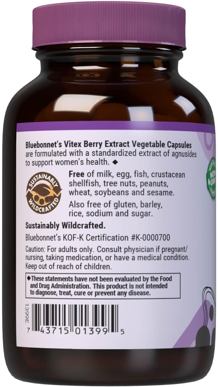Bluebonnet Nutrition Vitex Berry Extract, Women'S Health*, Non-Gmo, Vegan, Kosher Certified, Gluten-Free, Soy-Free, 60 Vegetable Capsules, 60 Servings