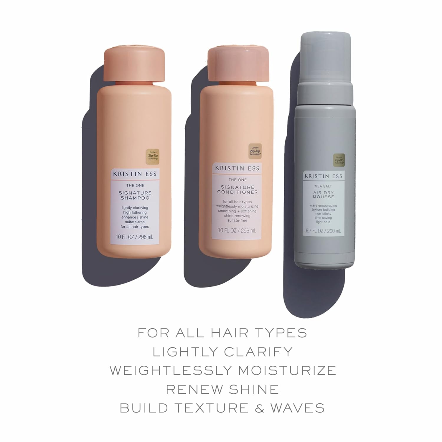 Kristin Ess Hair The One Signature Set - Lightly Clarifying Sulfate Free Shampoo, Hydrating Conditioner + Texturizing Sea Salt Air Dry Volumizing + Non Sticky Mousse for Wavy + Curly Hair (Pack of 3) : Beauty & Personal Care