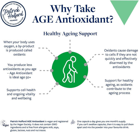 Patrick Holford Age Antioxidant/Antioxidant Supplement/For Anti-Ageing Support / 7 Nutrients/Vitamin E, Selenium, Coq10 + / Naturally Sourced / 60 Capsules/Vegan/For Women & Men