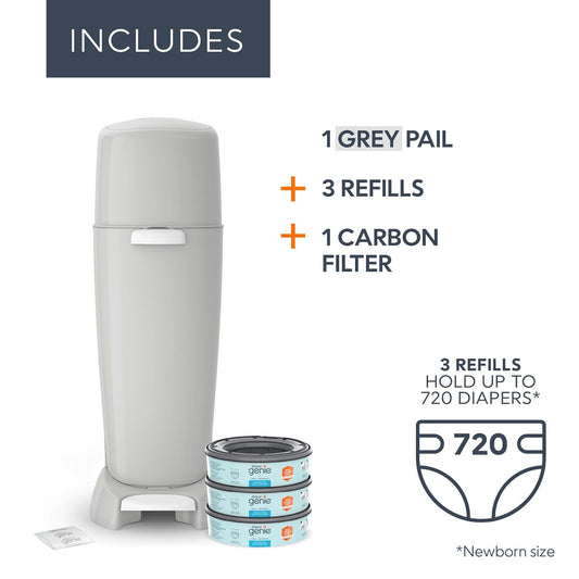 Diaper Genie Complete Diaper Pail (Grey) With Odor Control | Includes 1 Diaper Trash Can, 3 Refill Bags, 1 Carbon Filter, 4 Piece Set