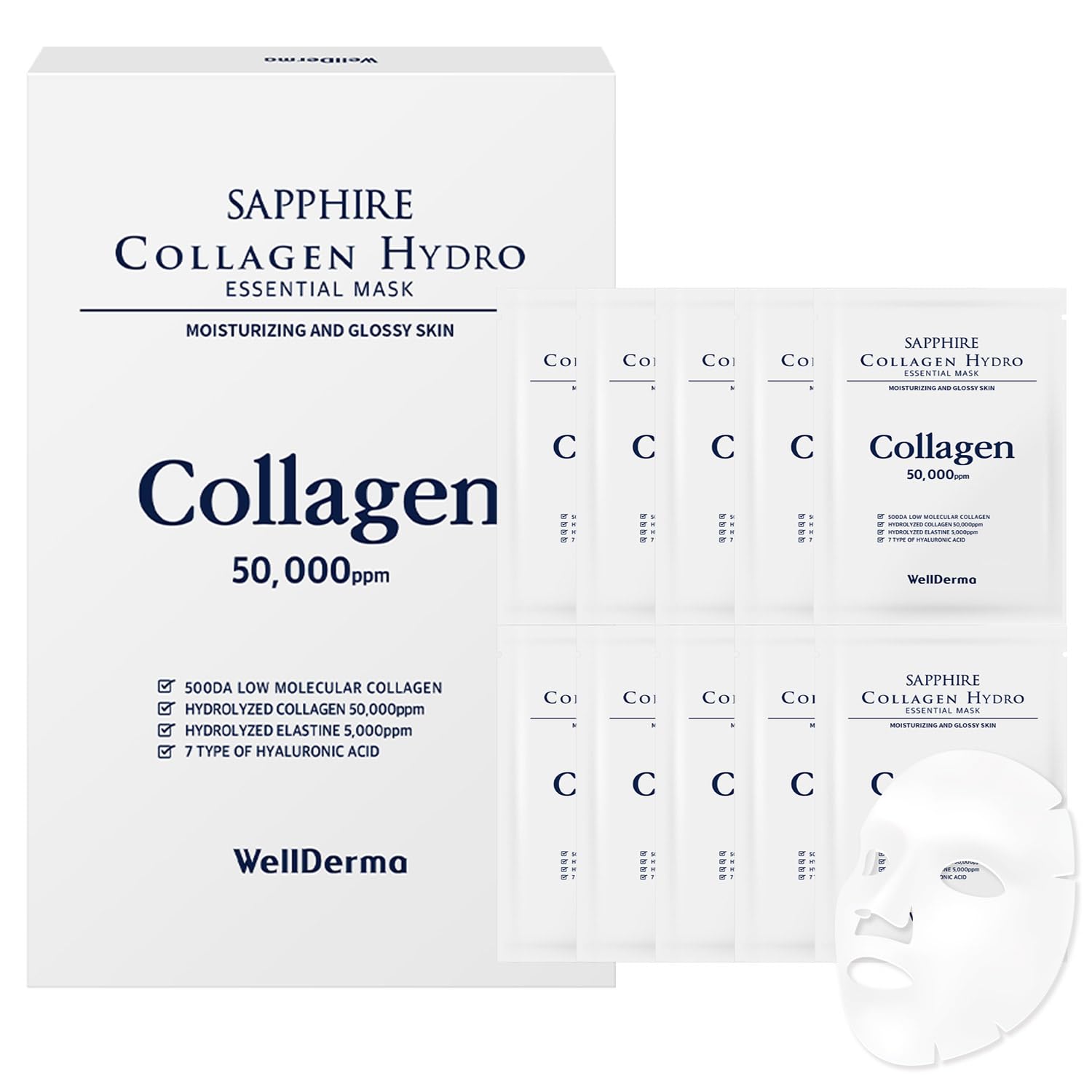 Wellderma Sapphire Collagen Hydro Essential Mask 10 Sheets Skin Soothing Calming