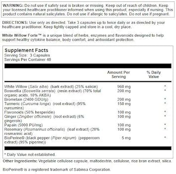 Nutra BioGenesis - White Willow Forte - White Willow Bark, Boswellia and Turmeric to Help Support Body Comfort and Cytokine Balance - Gluten Free, Vegan, Non-GMO - 120 Capsules