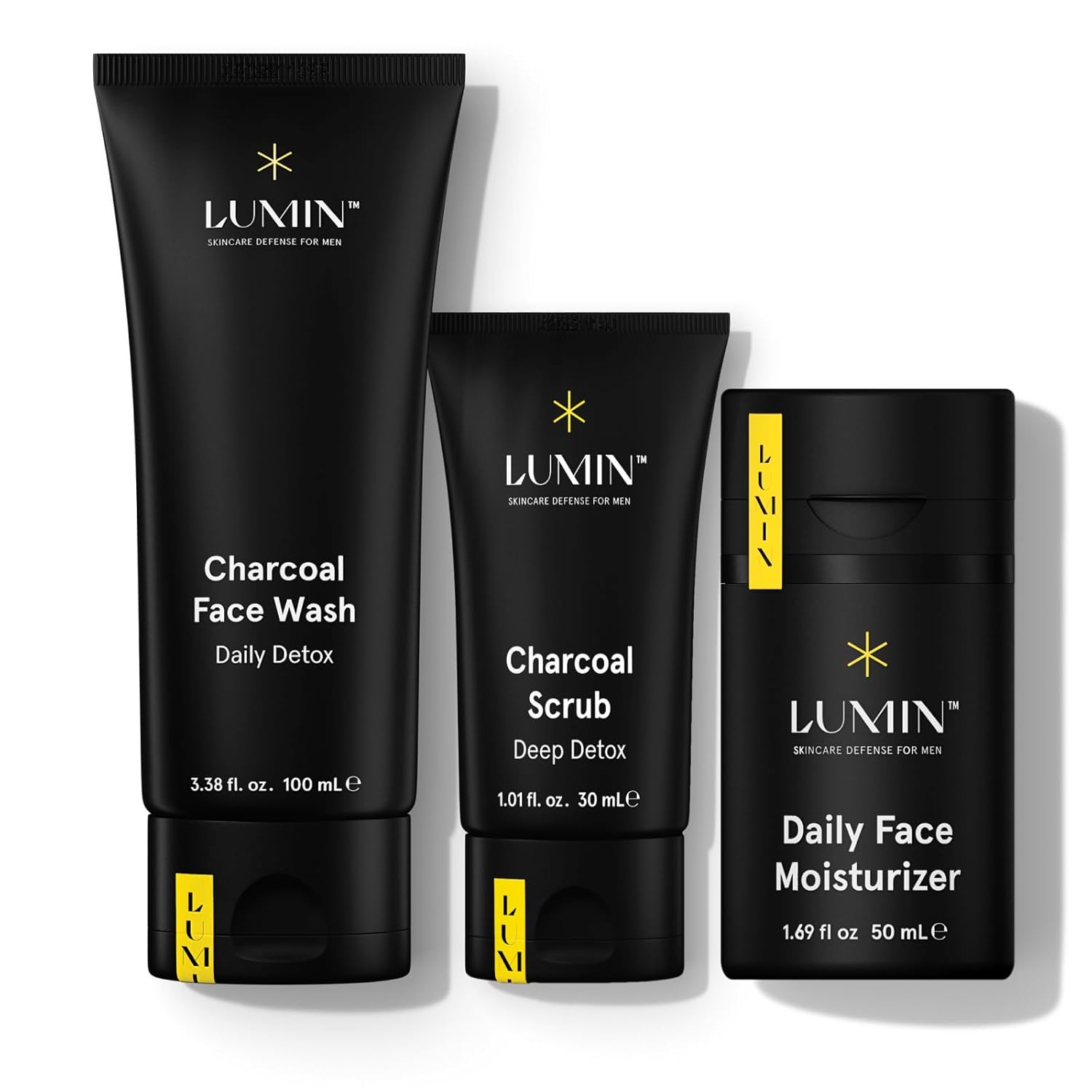 Lumin - Deep Cleanse Trio - Men'S Skincare Kit, Includes: Charcoal Face Wash Daily Detox, Charcoal Scrub Deep Detox & Daily Face Moisturizer, Suitable For All Skin Types, Two Month Supply