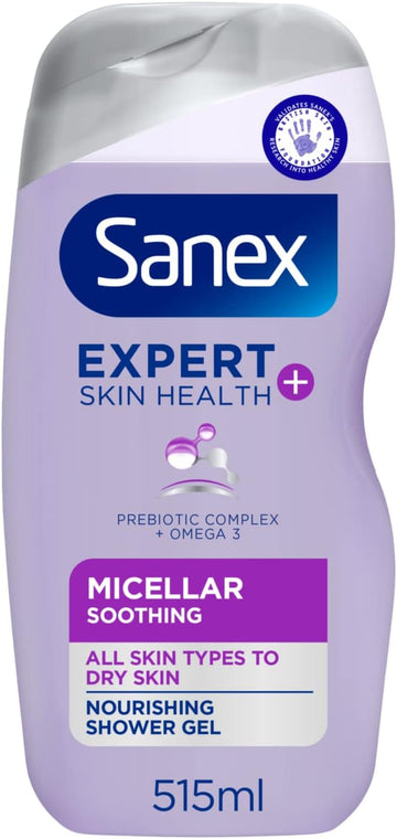 Sanex Expert Skin Health+ Micellar Soothing Shower Gel 515Ml, For Dry Skin, Body Wash For Men & Women, Nourishes Skin, Soothes Skin Tightness, 12 Hour Hydration, Prebiotic & Postbiotic Complex