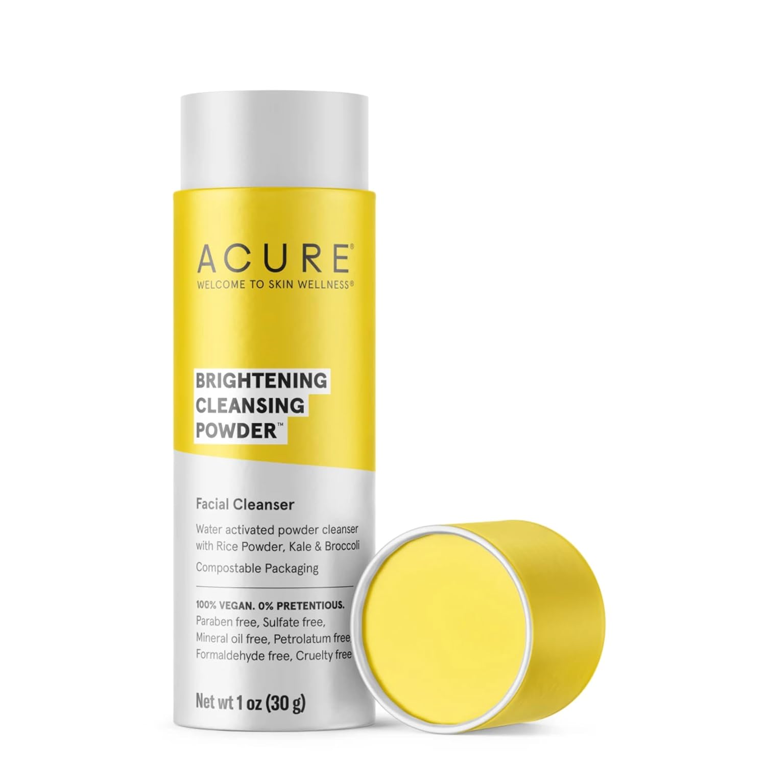 Acure Brightening Cleansing Powder - Concentrated Cleanser, Moisture Retention & Refining Skin’s Texture - Water-Activated Cleanser with Rice Powder, Broccoli, Kale & Spirulina - Net Wt. 1 oz : Beauty & Personal Care