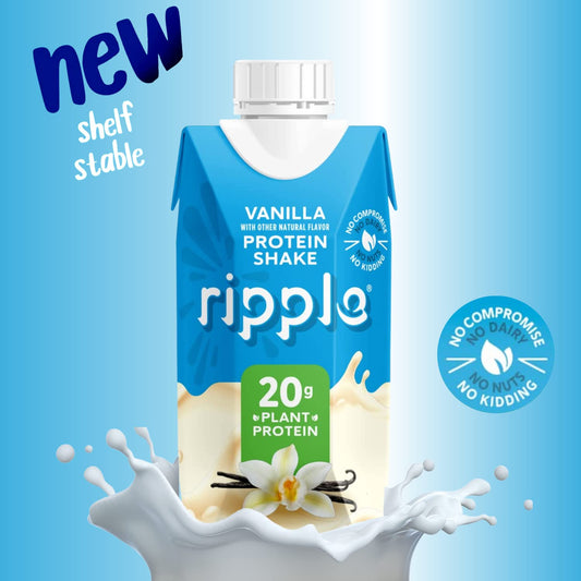 Ripple Vegan Protein Shake, Vanilla | 20G Nutritious Plant Based Pea Protein In Ready To Drink Cartons | Non-Gmo, Non-Dairy, Soy Free, Gluten Free, Lactose Free | Shelf Stable | 11 Fl Oz (4 Pack)