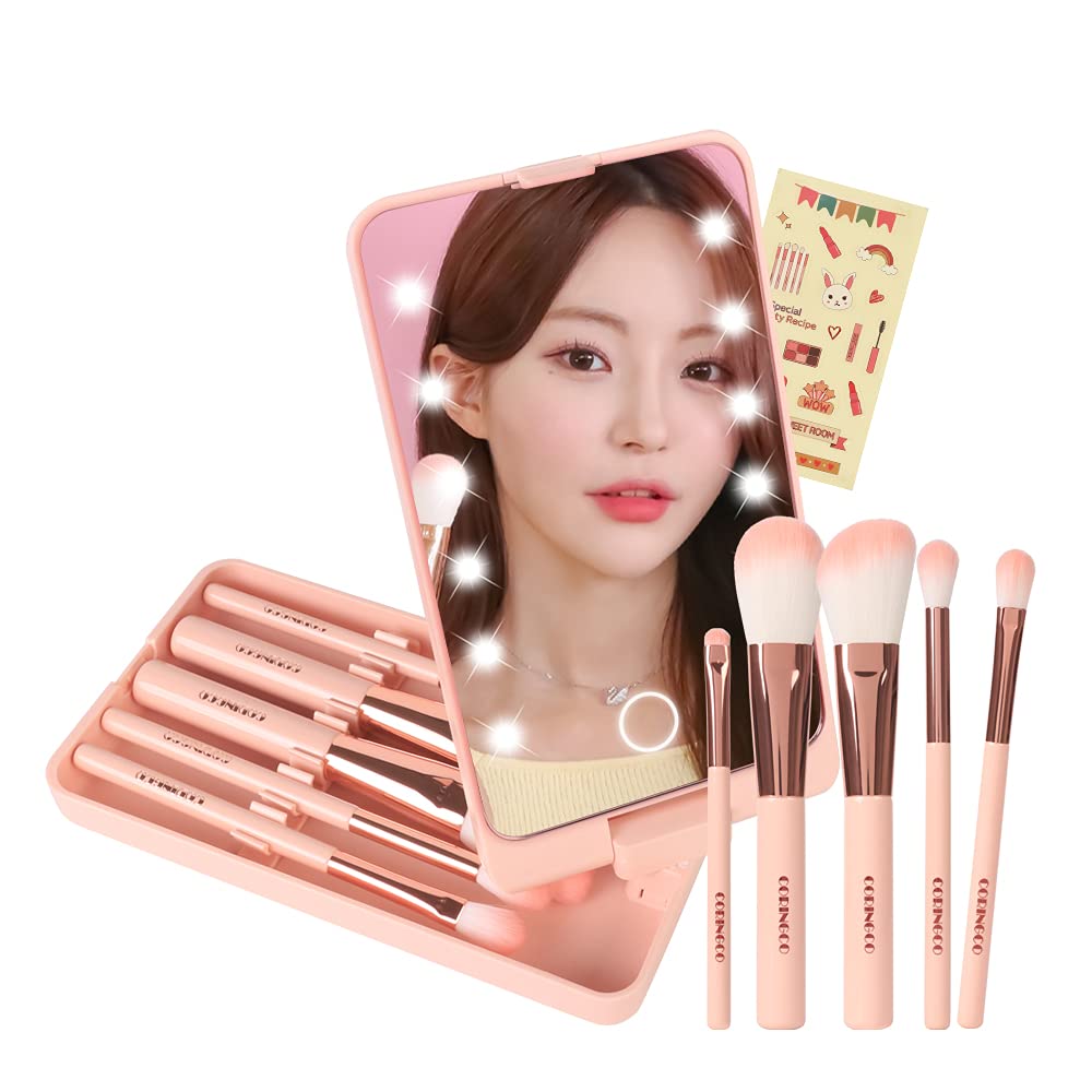 Mini Makeup Brushes Travel Set Capsule Brushes Led Mirror Brushes Multifunctional Eyebrow Brush Eye Shadow Powder Puff Blush Brush (Led Brush Set)