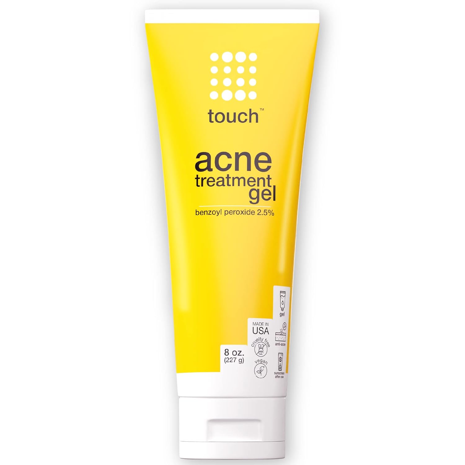 Touch Benzoyl Peroxide 2.5% Gel Cream For Acne - Pimples and Cystic Acne Spot & Daily Face and Back Medication for Adults & Teens – Goes on Clear Lightweight & Non-Drying - Large 8 oz