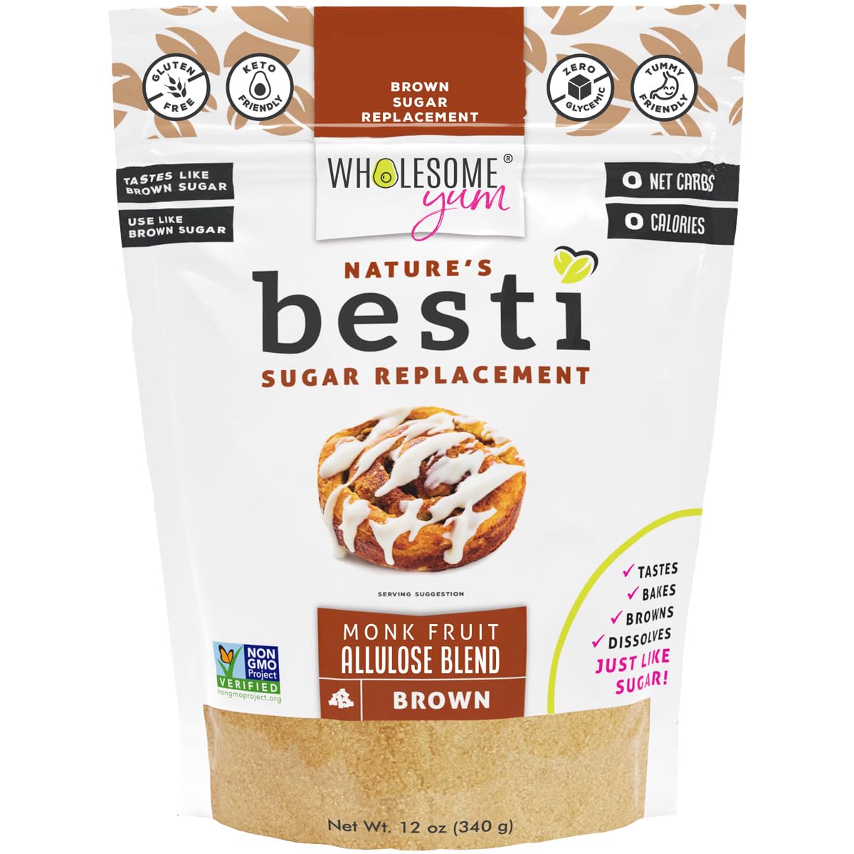 Wholesome Yum Besti Natural Brown Sugar Substitute - Brown Monk Fruit Sweetener Blend With Allulose (No Erythritol) - Keto, Non Gmo, Zero Carb, Zero Calorie, Sugar Free, No Aftertaste (12 Oz)