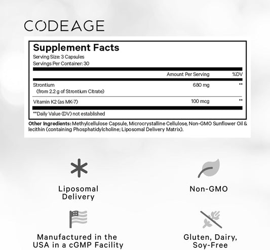 Codeage Liposomal Strontium Supplement - Enhanced With Vitamin K2 Mk-7 - Bone & Cardiovascular Health Support - Liposomal For Bioavailability - Non-Gmo, Gluten-Free - 90 Capsules