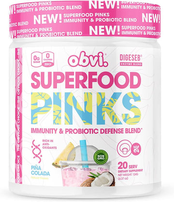 Obvi Superfood Pinks Probiotic Blend | Rich In Antioxidants, Adaptogens, Digestive Enzyme Blend, Immune Support, Gut Health | Keto, Gluten-Free, No Sugar, 10 Billion Cfu | Pina Colada, 20 Servings