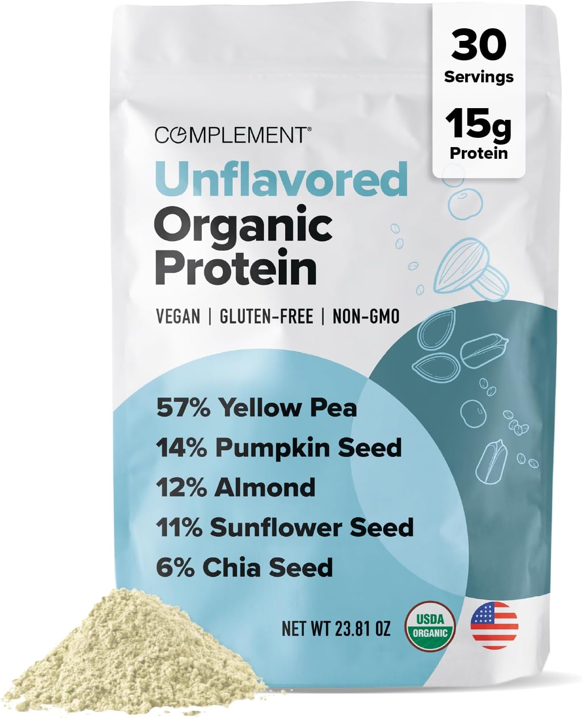 Complement Organic Vanilla Vegan Protein Powder (15 Servings) Low Carb, Low Calorie, Sugar Free, Soy Free, Non-Gmo, Gluten Free, Non Dairy- Yellow Pea, Pumpkin Seed- 15G Plant Based Protein Powder